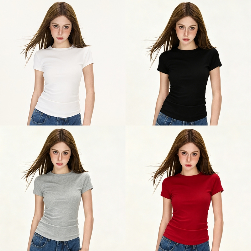 HELLDUL T0003 เสื้อยืดครอปคอกลมแขนสั้นสีพื้น 5 เฉดสี ผ้าลายตารางนุ่มยืดรัดรูป ใส่สบายทุกวัน ส่งจากไทย