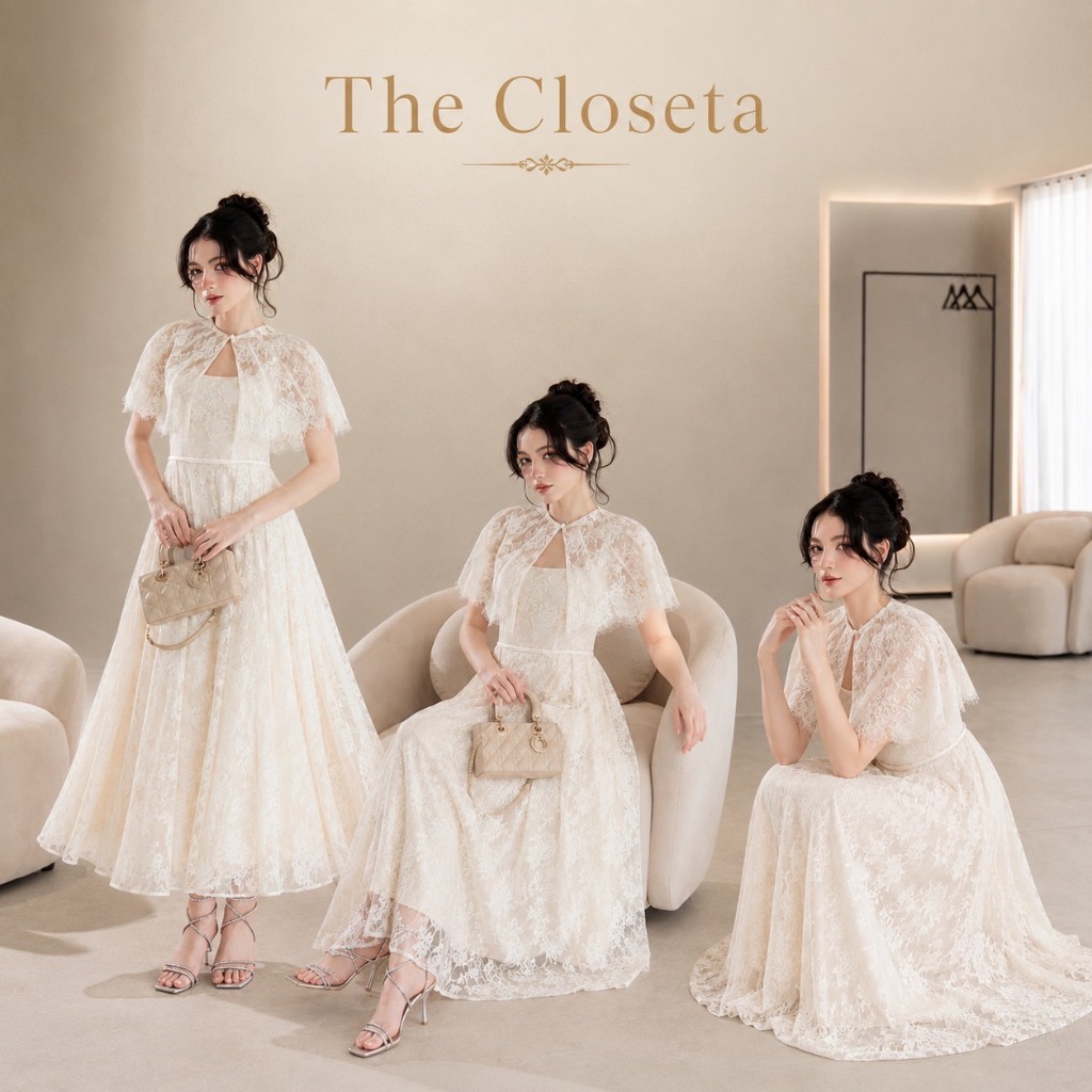 THE CLOSETA : LB648 ชุดเดรสสายเดี่ยวพร้อมเสื้อคลุมไหล่ลูกไม้ลายดอกกุหลาบ