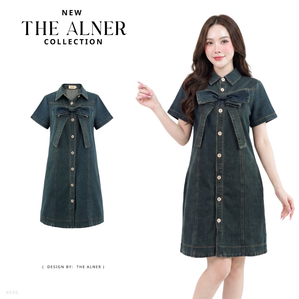 Thealner-AN564 (เดรสยีนส์คอปกแขนสั้นแต่งกระดุม)