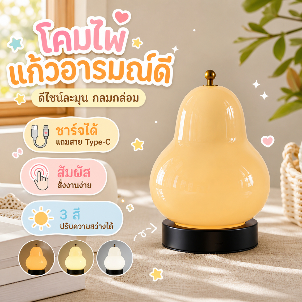 LED ลูกแพร์โคมไฟตั้งโต๊ะครีมโคมไฟตกแต่งห้องนอนโคมไฟข้างเตียงกระจกสวิตช์สัมผัส