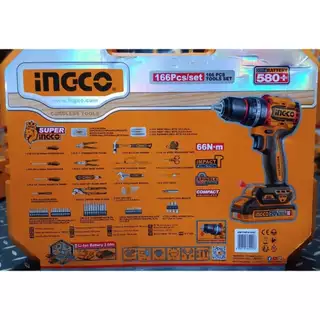 (รุ่นใหม่) INGCO ชุดเครื่องมือ 166 ชิ้น + สว่านกระแทกไร้สาย 20V BL (66N.m) รุ่น HKTHP41662 ครบเซตพร้อมแบตและแท่นชาร์จ