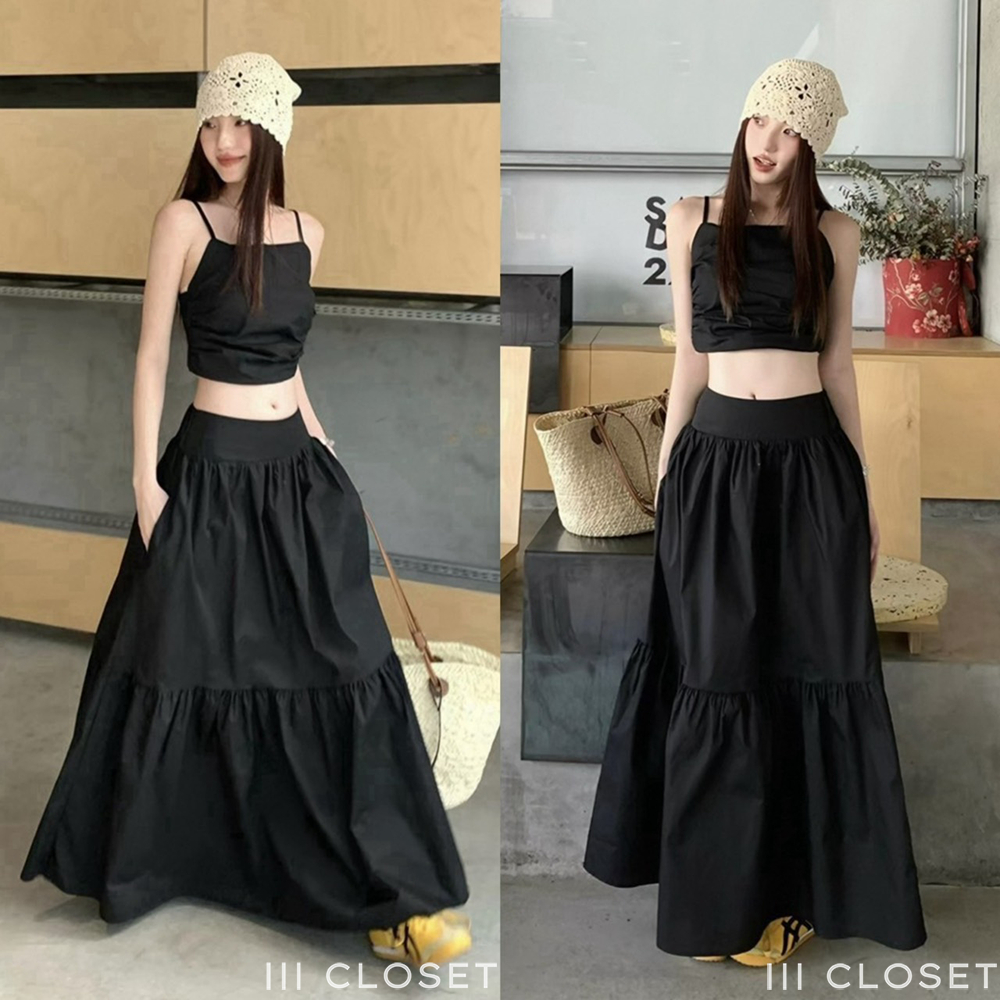 กระโปรงยาว lll Freesize lll IT138 เอวสูง ทรงบานออก มีกระเป๋า 2ข้าง เอวด้านหน้าเรียบด้านหลังสม็อค เนื้อผ้าไหมอิตาลี