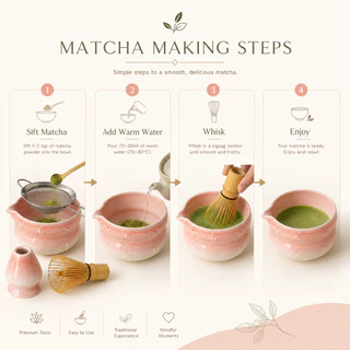 ชุดชงมัทฉะ 5 ชิ้น ชามมัทฉะญี่ปุ่น Matcha Bowl Matcha Whisk เซรามิคสีชมพู ถ้วยชงมัทฉะ สไตล์ญี่ปุ่น สำหรับ Home Cafe