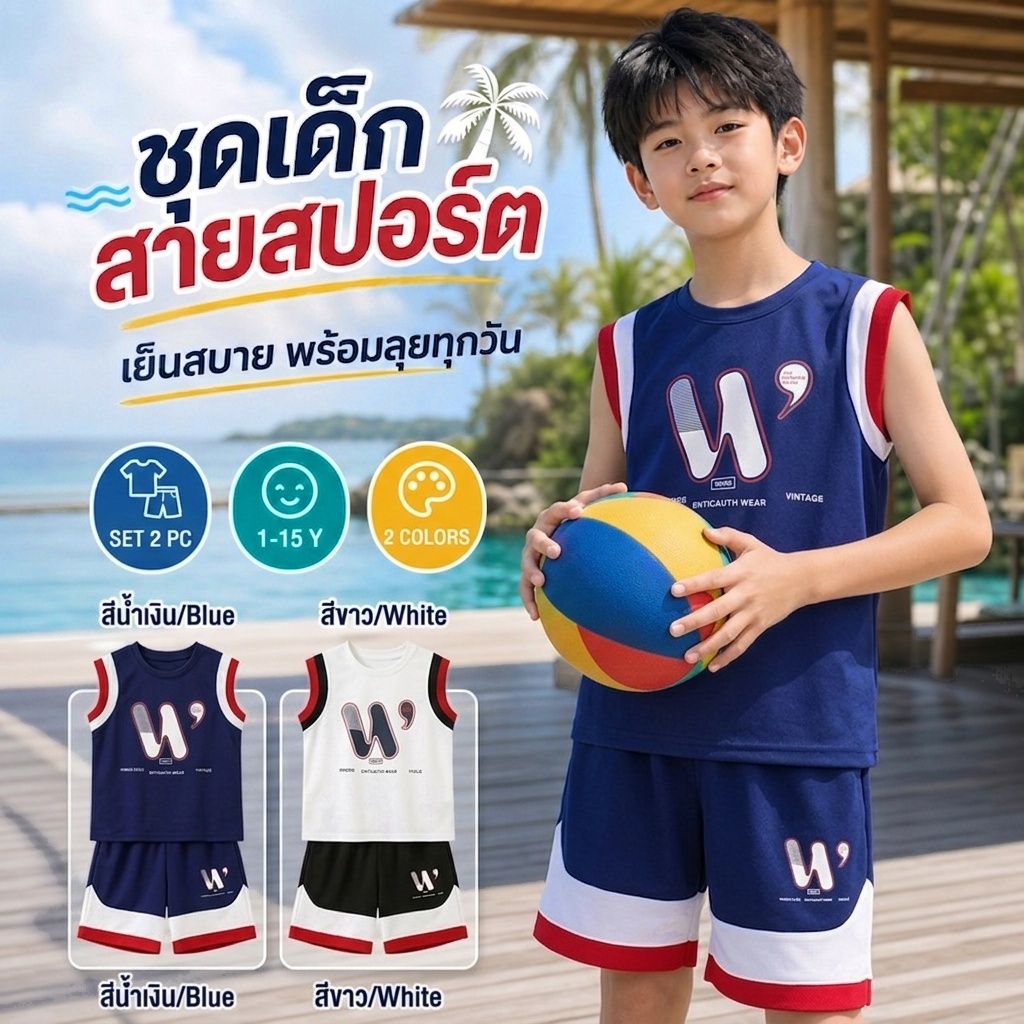 ชุดเซตเด็กชาย เสื้อกล้ามเด็ก พร้อมกางเกงขาสั้น สไตล์เกาหลี ลายสปอร์ต ชุดลำลองเด็ก ใส่เที่ยวใส่อยู่บ้าน อายุ 1-12 ปี