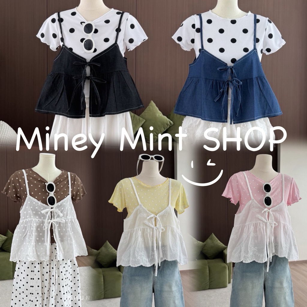 miniminey🎀 เซต2ชิ้น เสื้อครอปยืดตัวใน + สายเดี่ยวผ้าพิมพ์ลายสก๊อต   ใส่เป็นคู่เซตหรือใส่แยกชิ้นได้ค่ะ คุ้มมากๆ