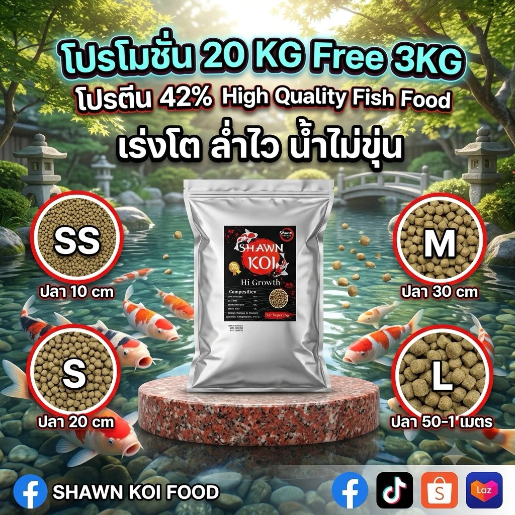 อาหารปลาคาร์ป20KGแถม3KG🥇น้ำไม่ขุ่น🏆สูตรเร่งล่ำ🎁โปรตีนสูง 42% เร่งโต