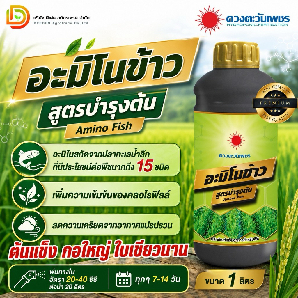 ปุ๋ยน้ำ อะมิโนข้าว สูตรบำรุงต้น ช่วยแตกกอ ใบเขียว ขนาด 1 ลิตร #ดวงตะวันเพชร