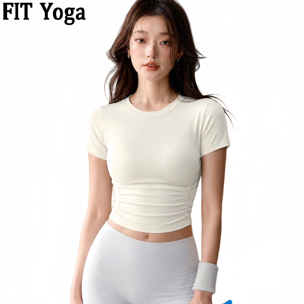 FitYoga เสื้อยืดออกกำลังกายผู้หญิง ลายรอยย่น รัดรูป เซ็กซี่ เหมาะโยคะและออกกำลังกาย