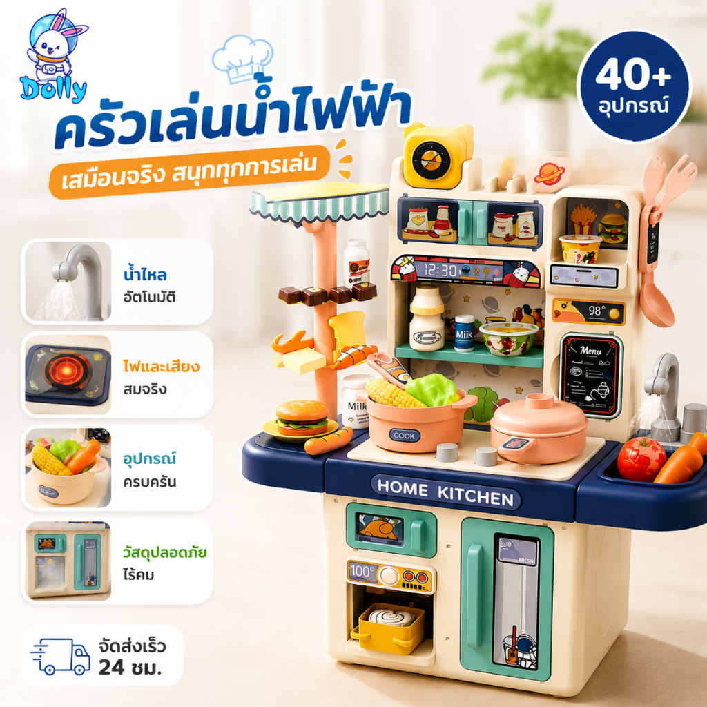 Dolly ชุดครัวจำลองเด็ก ระบบน้ำหมุนเวียน สเปรย์น้ำ+ไฟ+เสียง ของเล่นเสริมพัฒนาการ