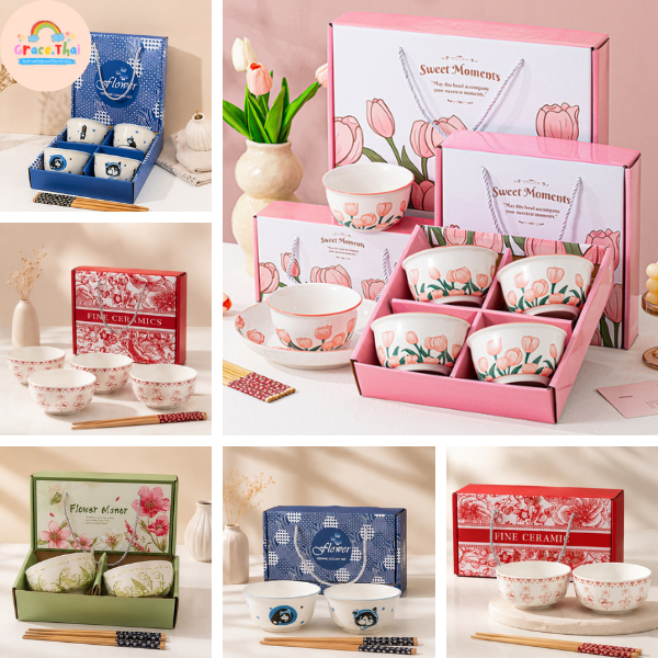 🍒Grace Thai🍒 ชุดถ้วยเซรามิกพร้อมตะเกียบ ชุดถ้วยเซรามิลายดอกทิวลิป เซ็ตของขวัญ มีกล่องแพคเกจสวยงาม พร้อมส่ง