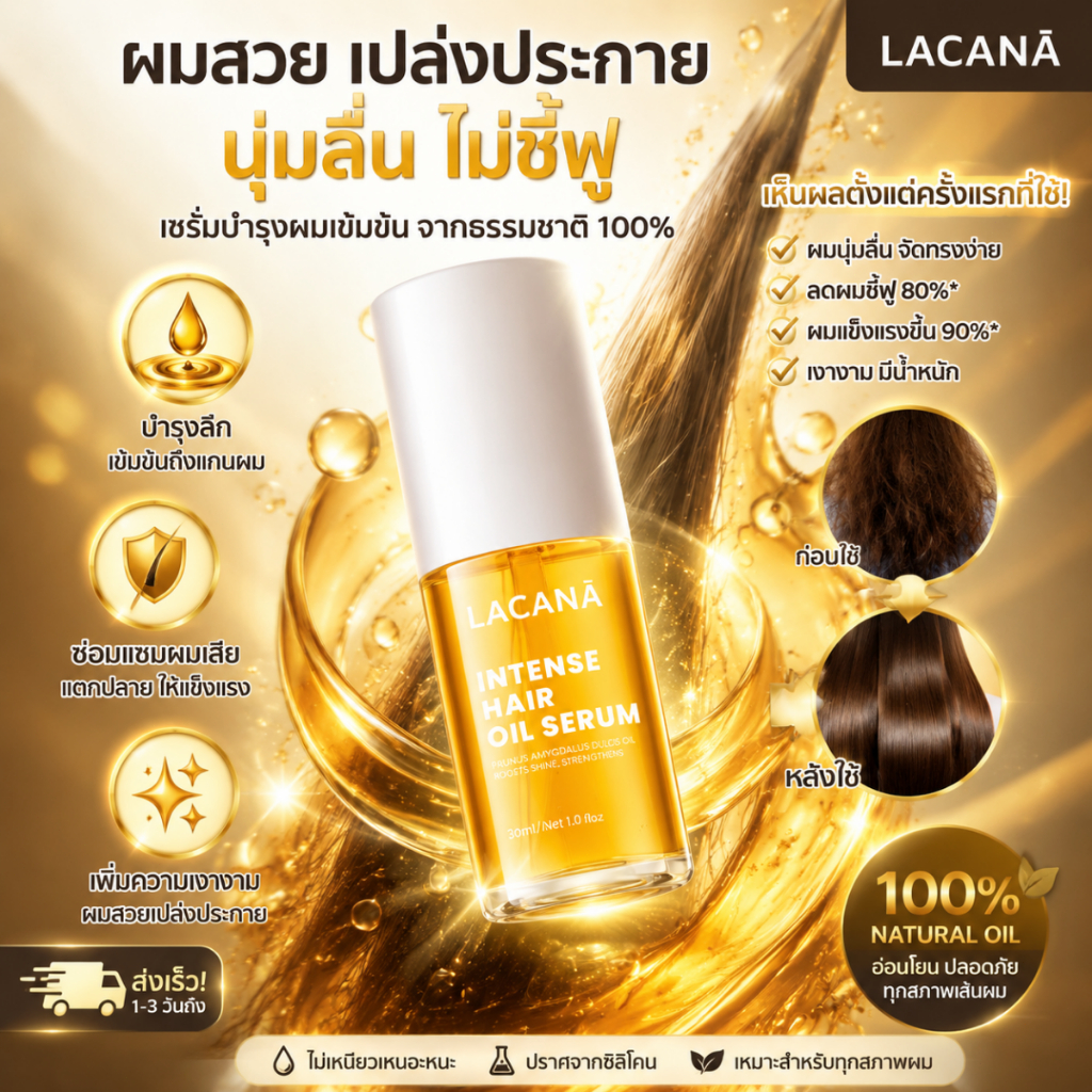 ออยล์เซรั่มบำรุงผม Lacana สูตรเข้มข้น 30ml ผมเงางาม นุ่มสลวย เหมาะกับทุกสภาพเส้นผม