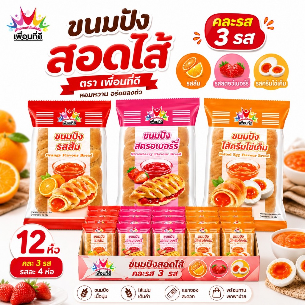🌟 ราคาสุดคุ้ม 🌟 ขนมปังสอดไส้ ตรา เพื่อนที่ดี อร่อย  หวานกำลังดี  { แบบยกลัง 12 กล่อง } 144 ชิ้น