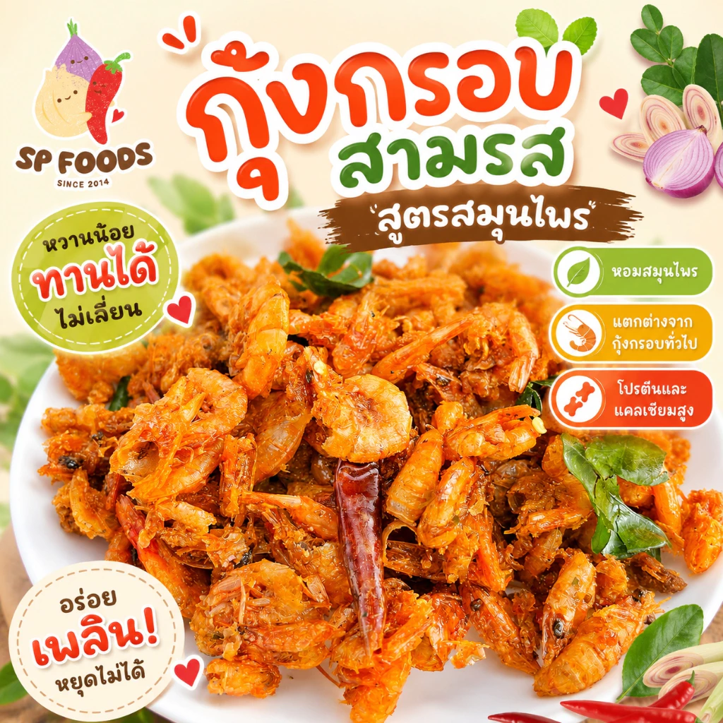 แพ็ค50กรัม กุ้งอบกรอบสามรส สมุนไพร พร้อมทาน หวานน้อย กุ้ง3รส กุ้งกรอบสามรส แปรรูป