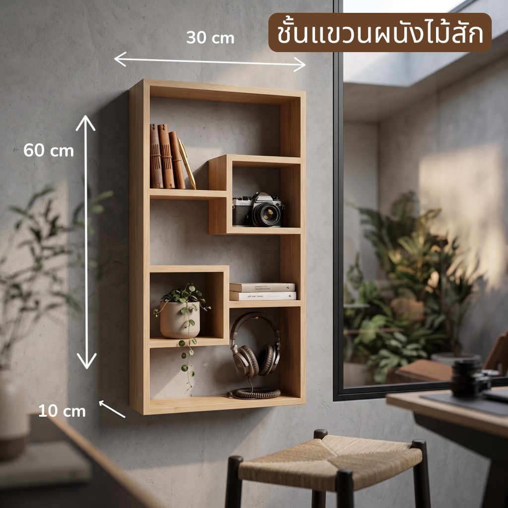 ชั้นแขวนผนัง สี่เหลี่ยมสลับเล็ก งานดิบ ขนาดกว้าง30cm. สูง60cm. ลึก10cm.