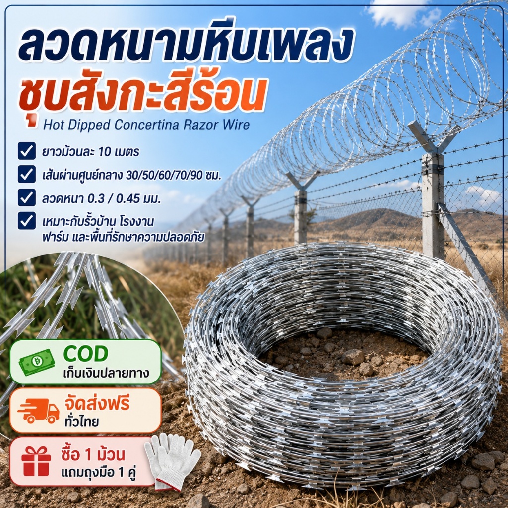 ลวดหนามหีบเพลง ลวดหนามใบมีด ยาว10ม. รอบวง30/50/60/70/90ซม. ชุบสังกะสี กันสนิม สำหรับรั้วกันขโมยและกั้นเขต