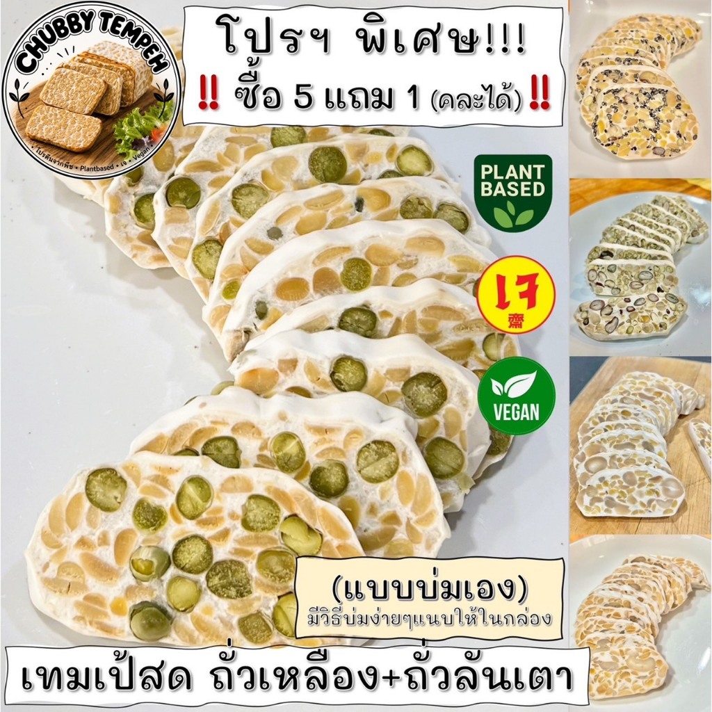 เทมเป้สด ถั่วเหลือง+ถั่วลันเตา🫛(5แถม1) 100g. (แบบบ่มเอง) โปรตีนจากพืช PlantBased เจ Vegan มังสวิรัติ Tempeh