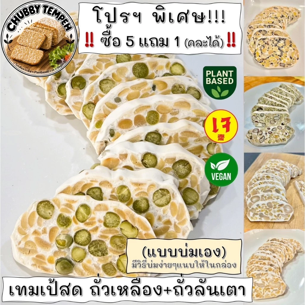 เทมเป้สด ถั่วเหลือง+ถั่วลันเตา🫛(5แถม1) 100g. (แบบบ่มเอง) โปรตีนจากพืช PlantBased เจ Vegan มังสวิรัติ Tempeh