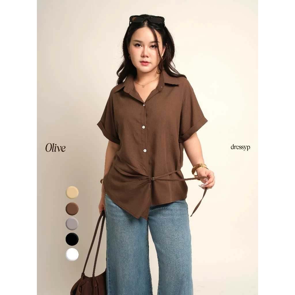 dressyp - Olive Shirt เสื้อเชิ้ตแขนเบิ้ล ผูกเอว สีพื้น Minimal dp384