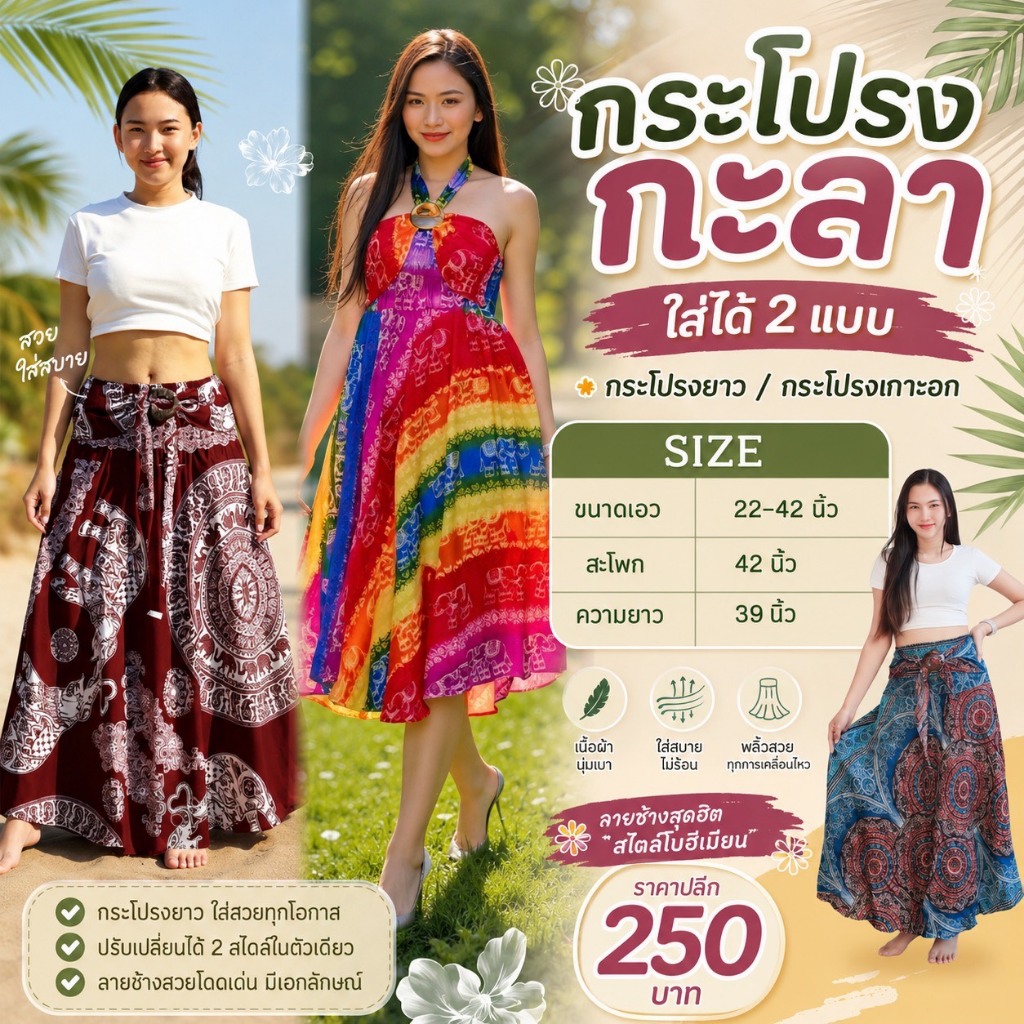 กระโปรงกะลา Maxi Skirt สไตล์โบฮีเมียน ใส่ได้2แบบ ผ้าเรยอน