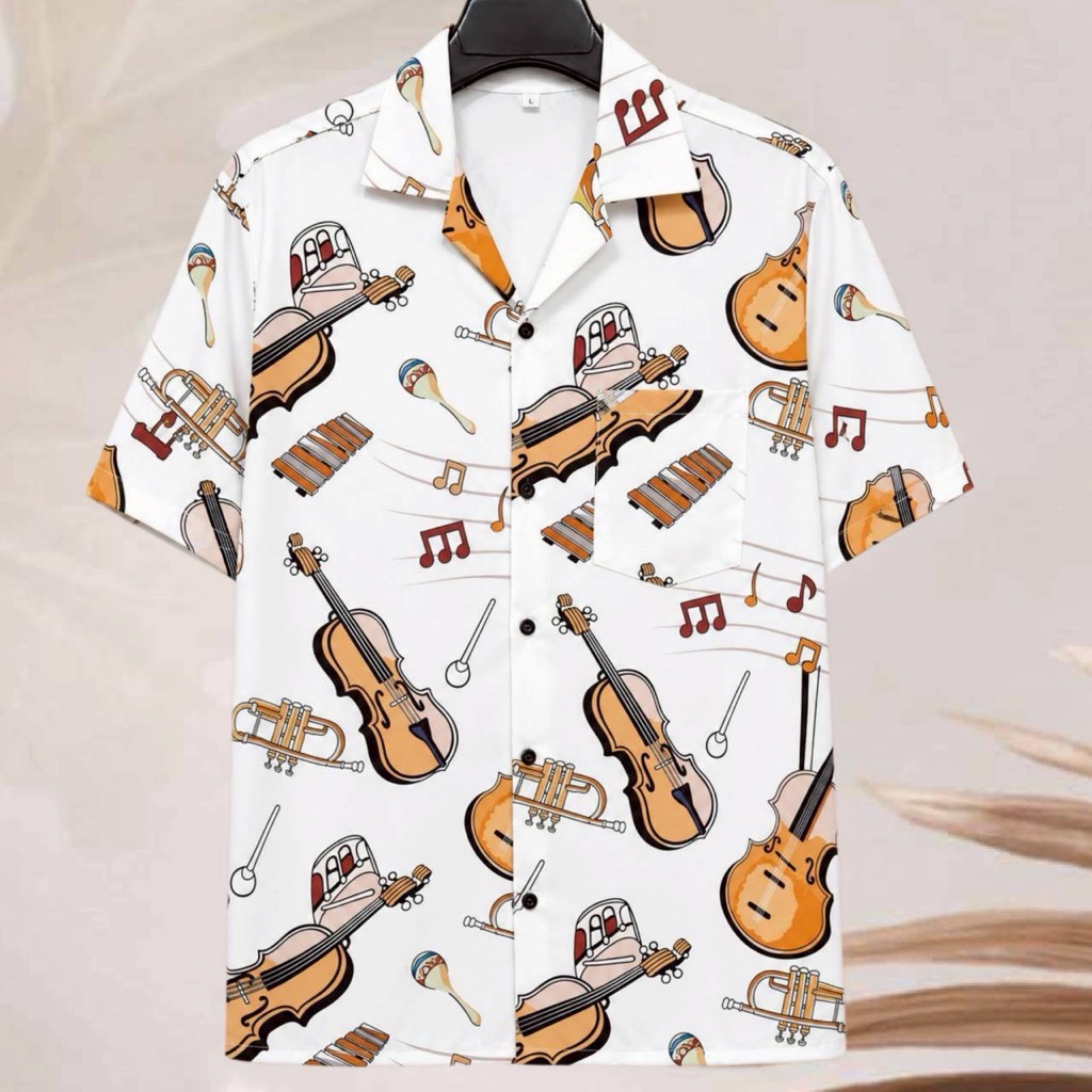 เสื้อเชิ้ตฮาวาย ลายไวโอลีนดนตรี (พื้นสีขาว) ผ้าไหมอิตาลี