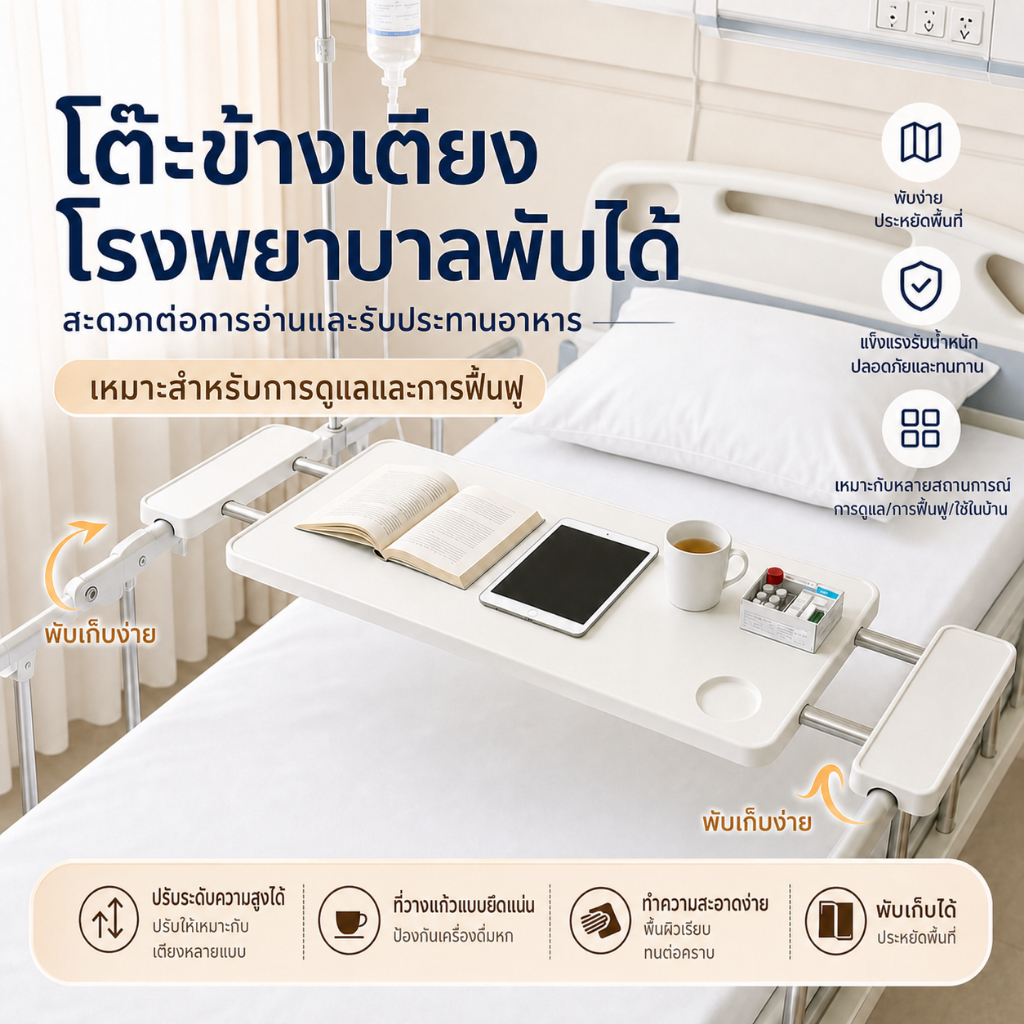 ถาดวางอาหารปรับขนาดได้ตามเตียง พลาสติก ABS คุณภาพดี ไม่กรอบแตก เหมาะผู้สูงอายุ