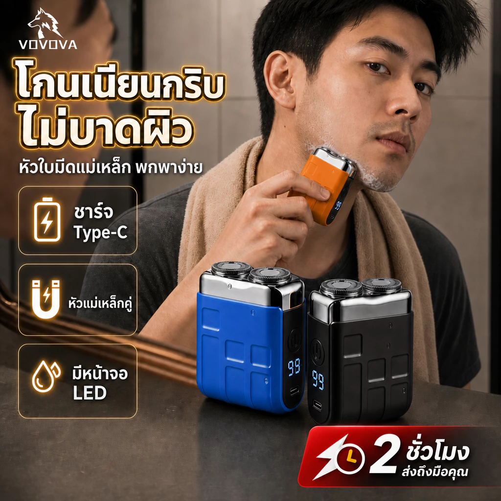 เครื่องโกนหนวดไฟฟ้า มินิ หัวคู่ หัวแม่เหล็ก กันน้ำIPX7 โกนเปียกแห้ง จอดิจิตอล พกพา ของขวัญ Mini Shaverไม่บาดผิว