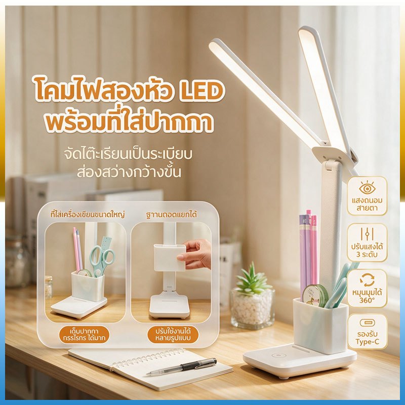 Hinar โคมไฟอ่านหนังสือ LED ปรับได้ 3 สี ระบบสัมผัส โคมไฟตั้งโต๊ะ ไฟหัวเตียง ถนอมสายตา