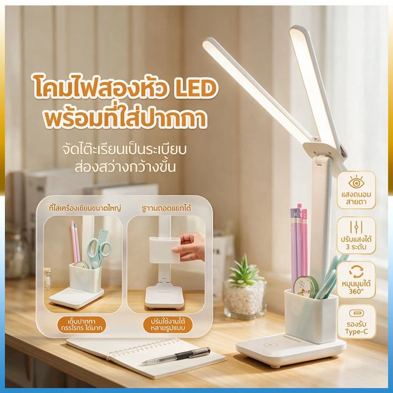 Hinar โคมไฟอ่านหนังสือ LED ปรับได้ 3 สี ระบบสัมผัส โคมไฟตั้งโต๊ะ ไฟหัวเตียง ถนอมสายตา