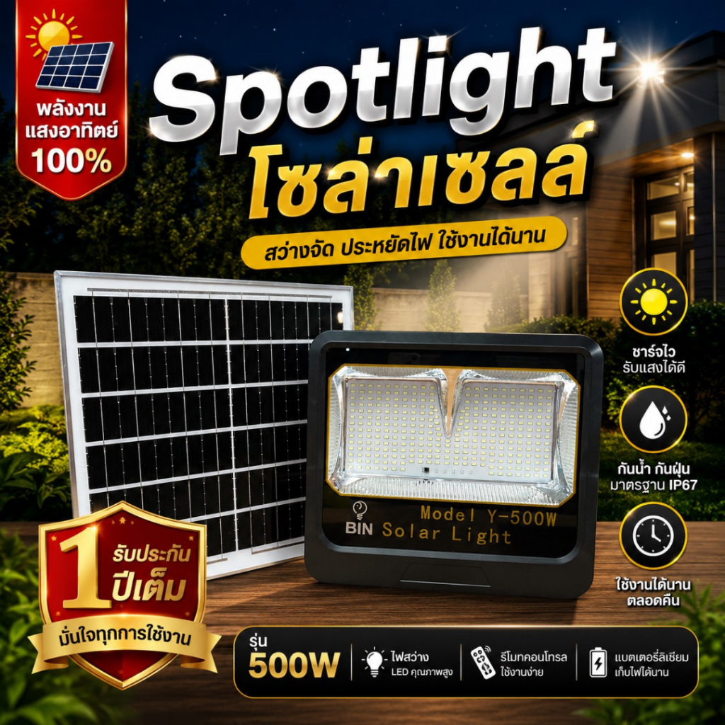 BIN Solar LED สปอตไลท์โซล่าเซลล์ S03 สว่างถึงเช้า กันน้ำ ทนทาน 200W 500W