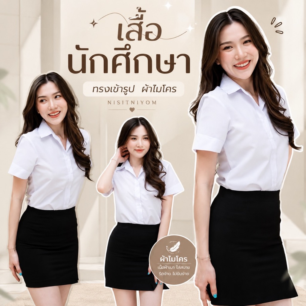 เสื้อนักศึกษาหญิง แขนสามเหลี่ยมถูกระเบียบ ผ้ามัน (ไมโคร) ทรงเข้ารูป สีขาวนวล/ขาวสว่าง💗ผ้ารีดเรียบไม่ยับง่าย💓
