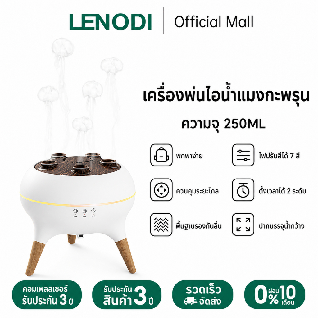LENODI เครื่องพ่นไอน้ำแมงกะพรุน เครื่องกระจายกลิ่นหอมเจ็ดสี ความจุ 250 มล. อัตราการพ่นละออง: 10-30 ลิตร/ชั่วโมง