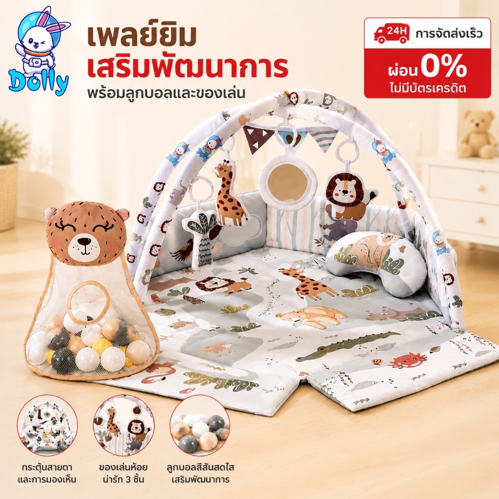 Dolly เพลยิมเด็ก สำหรับทารก แผ่นรองเล่นพร้อมของเล่น 3 โหมด ปลอดภัย