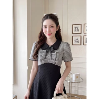 FW91R3 Alicia Dress ชุดเดรสสั้น ตัดต่อใต้อกท่อนบนผ้าทอทวิตลายตารางสก๊อตสลับสี ปกบัว ผ้าฝ้ายทอด๊อบบี้ลายจุดแต่งลูกไม้รอบป