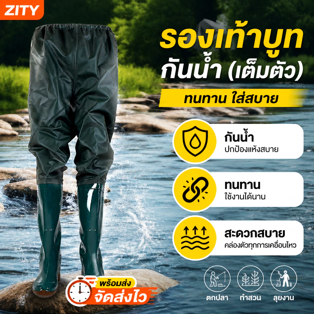 ZITY รองเท้าบูทกันน้ำ PVC อย่างดี สีเขียว ไซส์ 38-47 ป้องกันการลื่นไถล เหมาะสำหรับตกปลาและทำนา