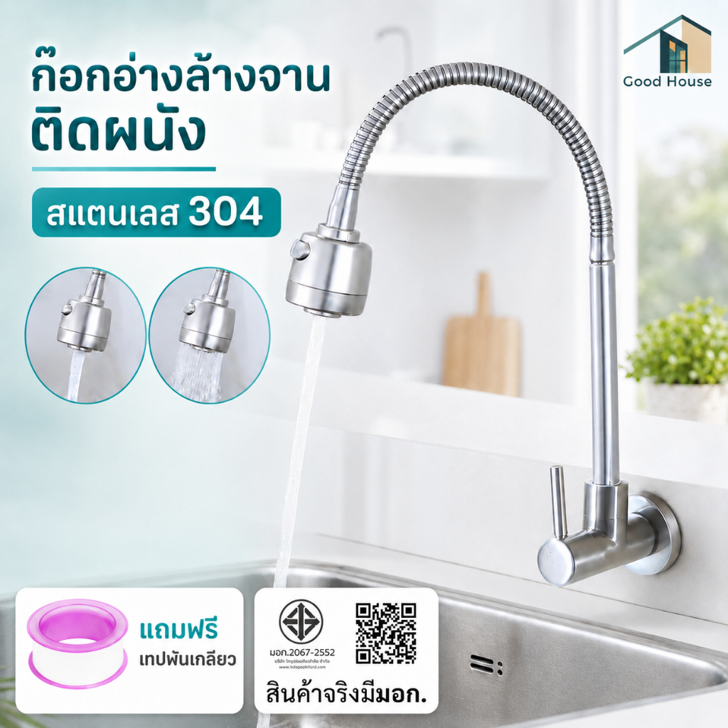 ก๊อกอ่างล้างจาน สแตนเลส304 สามารถปรับน้ำได้ 2 ระดับ สินค้าพร้อมจัดส่ง