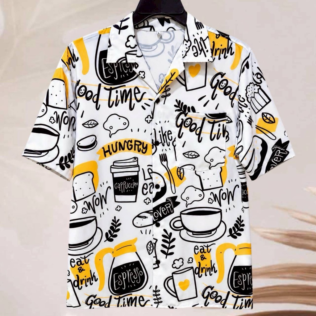 เสื้อเชิ้ตฮาวาย ลายมินิมอลคาเฟ่ (พื้นสีขาว) ผ้าไหมอิตาลี