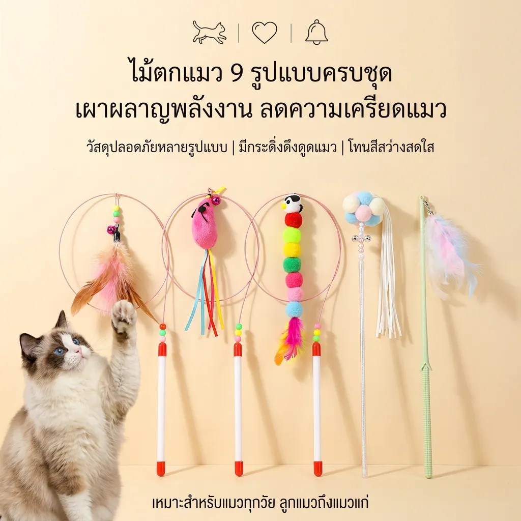 ไม้ของเล่นแมว, ไม้จับแมว,ไม้ตบแมว，บอลแมว，ไม้แมวสายเหล็ก, ไม้ของเล่นแมวขนนก ของเล่นแมวทนทาน