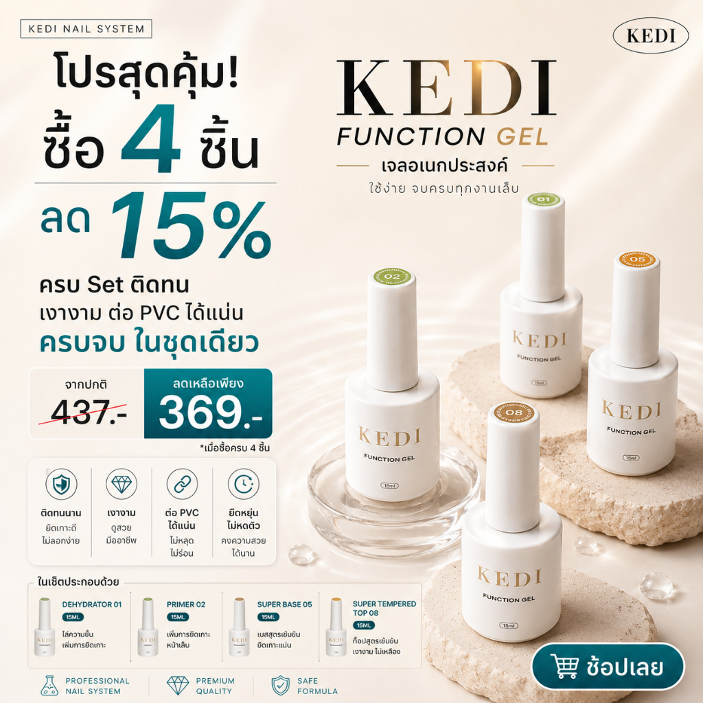 KEDI Function Gel Set ครบชุด 4 ชิ้น 15ml | Dehydrator Primer Base Top | เซ็ตเตรียมหน้าเล็บและเคลือบเงา สำหรับช่างทำเล็บ