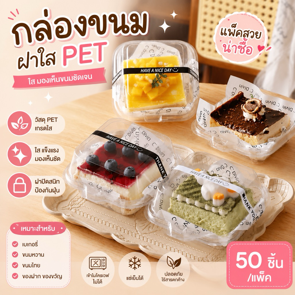 กล่องพลาสติกใส กล่องเค้กพลาสติกใส PET เกรดอาหาร พร้อมฝาล็อค 50 ใบ กล่องเบเกอรี่ ใส่ทิรามิสุ เค๊ก ขนมต่างๆ