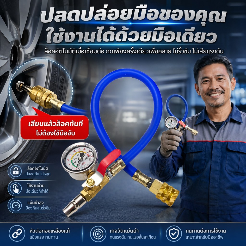 สายเติมลม พร้อมเกจวัดน้ำมัน วัดได้ 220 ปอนด์ ยาว 52 CM แม่นยำ สำหรับงานหนัก