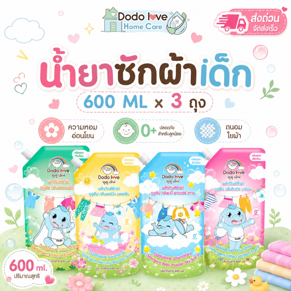 ส่งด่วน [แพ็ค 3] DODOLOVE Home Care น้ำยาซักผ้าเด็ก ถุงเติม 600ml กลิ่นหอมติดทนนาน ซักสะอาด อ่อนโยน ใช้ได้ตั้งแต่ 0+