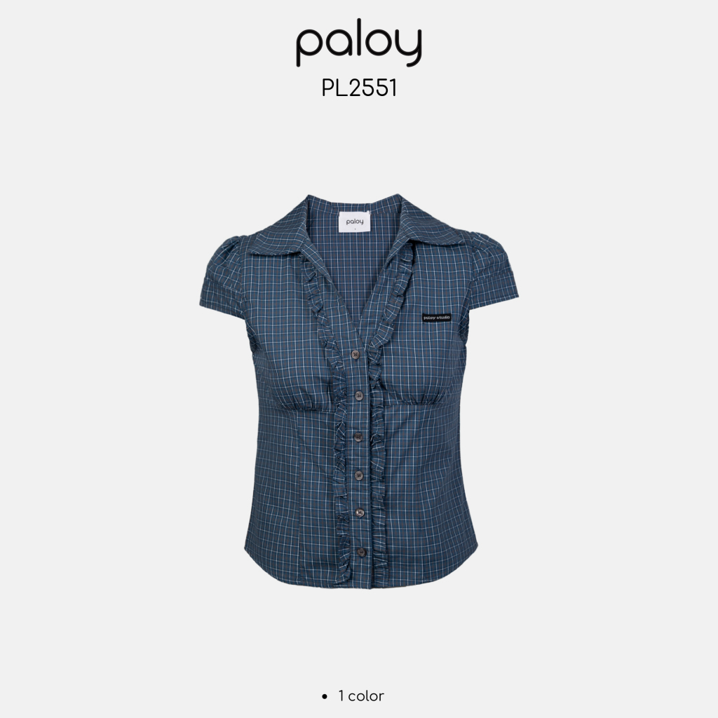 Paloy - PL2551 เสื้อแขนล้ำลายตารางคอปก รางดุมแต่งระบาย