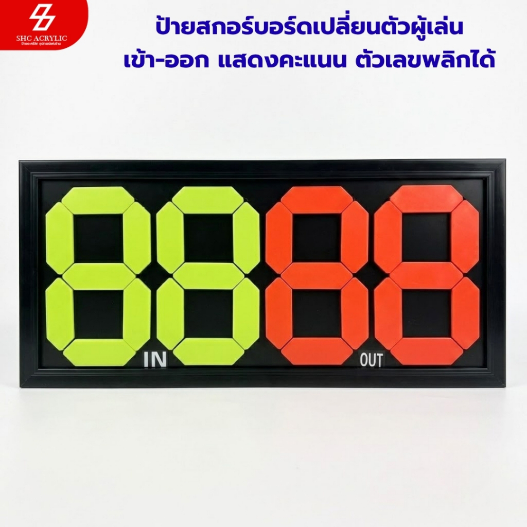 ป้ายสกอร์บอร์ดเปลี่ยนตัวผู้เล่น เข้า-ออก แสดงคะแนน ตัวเลขพลิกได้ ชัดเจน ทนทาน เหมาะสำหรับฟุตบอล บาสเกตบอล วอลเลย์บอล