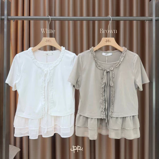 POI เสื้อยืดแต่งชายระบายชีฟองผูกโบว์ น่ารัก ผ้าเนื้อนิ่ม T013G7