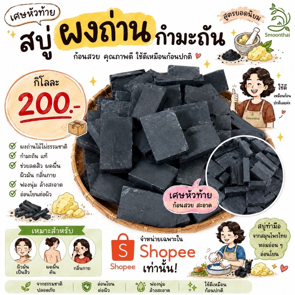 สบู่ถ่านกำมะถัน 1 kg บรรจุ 1 Kgเศษหัวท้ายคละขนาดเป็นสบู่น้ำมันธรรมชาติ
