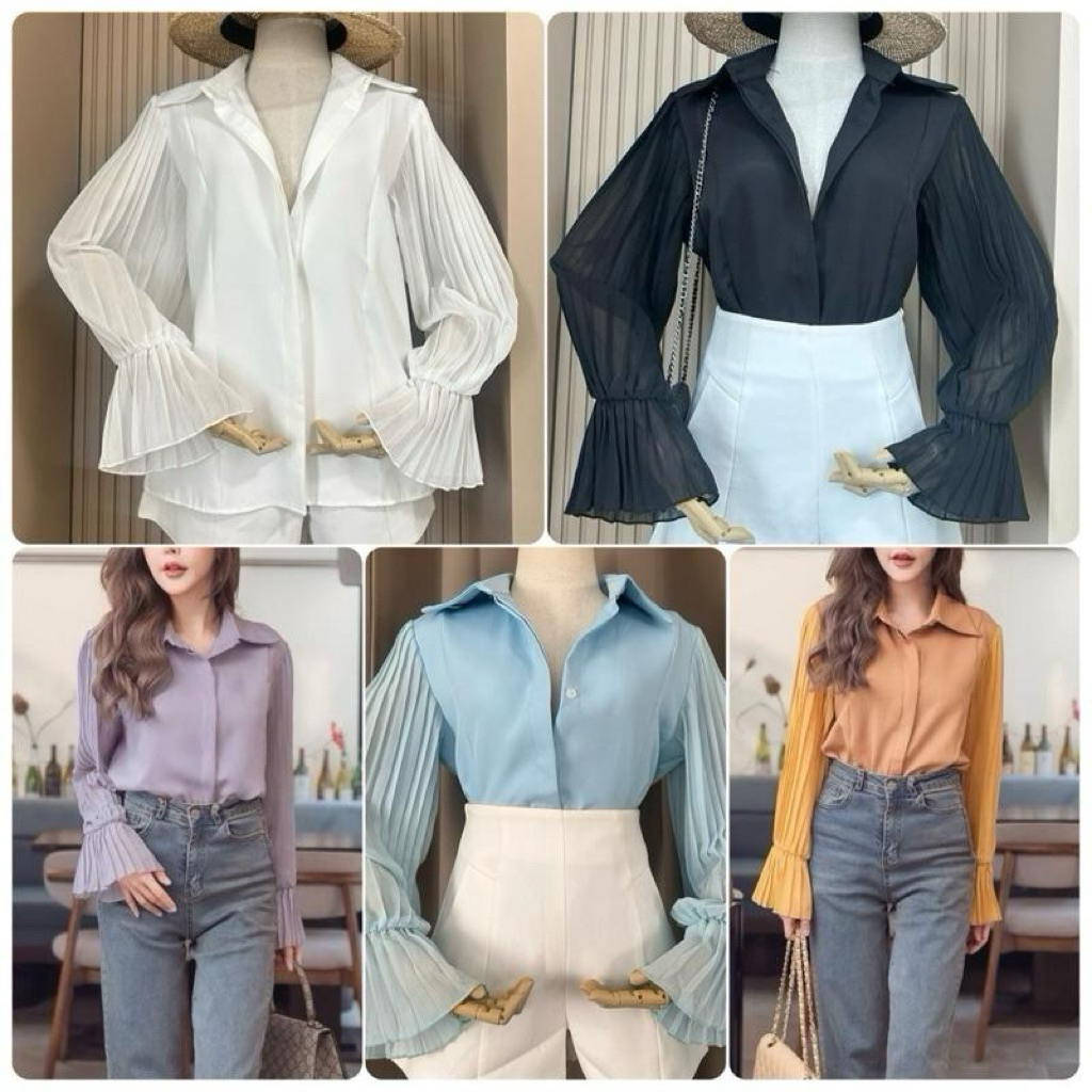 เสื้อเชิ๊ตแขนพลีทเรียบหรู ดีเทลกระดุมซ่อน
