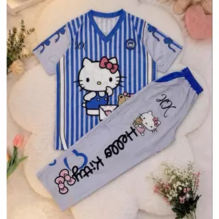 ( Bset70 ) ชุดเซท เสื้อ กก.ขายาว คอวี น้องคิตตี้ 6สี sport ฟรีไซส์