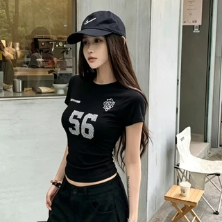 COD พร้อมส่ง เสื้อยืดฤดูร้อนผู้หญิง สีดำรุ่นเบสิค แขนตรงเข้ารูป สไตล์สาวแซ่บอเมริกัน ใส่ได้ทุกลุค