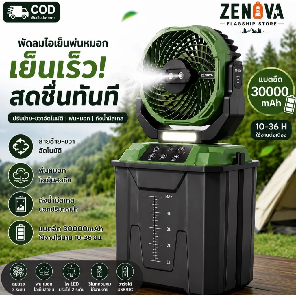 【ZENOVA】พัดลมไอน้ำ 30000mAh ส่ายซ้าย-ขวาอัตโนมัติ ลมแรง เย็นเร็ว ถังน้ำมีสเกล ใช้งานต่อเนื่อง สำหรับแคมป์ปิ้ง กลางแจ้ง