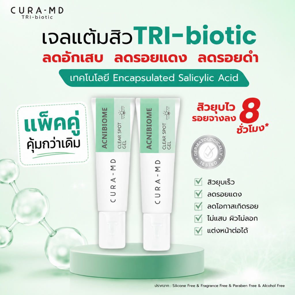 [แพ็คคู่] CURA-MD เจลแต้มสิว สูตรเร่งด่วน สิวยุบไว ในข้ามคืน Acnibiome Clear Spot Gel 8 กรัม แต้มปุ๊บ ยุบชัวร์ รอยจาง